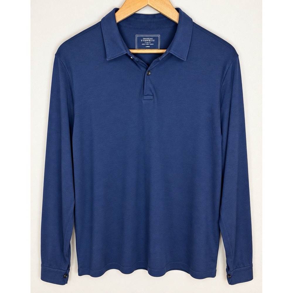 Charles Tyrwhitt Mens L Navy Blue Long Sleeve Polo Shirt 100% Cotton Jersey